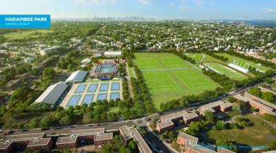 harambee park legacy: A rendering of Harambee Park and the permanent 2,500-seat stadium to be left behind after the Games. Rendering courtesy Boston 2024 